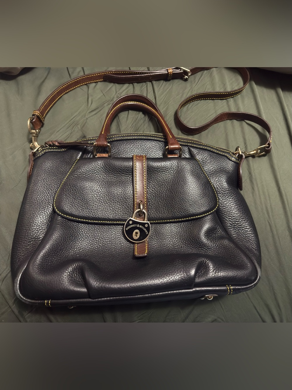 Dooney & Bourke Black Pebbled Leather Samba with Brown Trim and Gold Hardware
